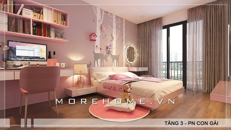 Giường ngủ gỗ Acrylic với tone màu hồng chủ đạo luôn là xu hướng lựa chọn của nhiều bố mẹ cho phòng ngủ của con gái